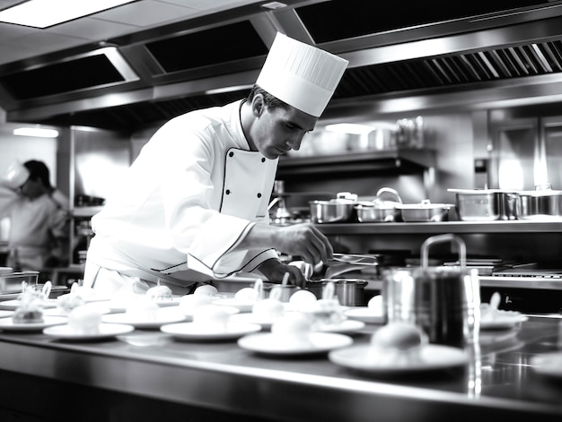 Chef preparando comida chef cozinhando em uma cozinha chef no trabalho preto e branco