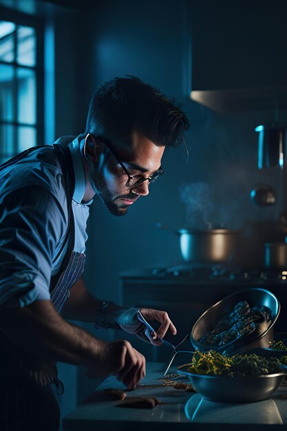 Foto el chef preparando comida en una cocina moderna ia generativa