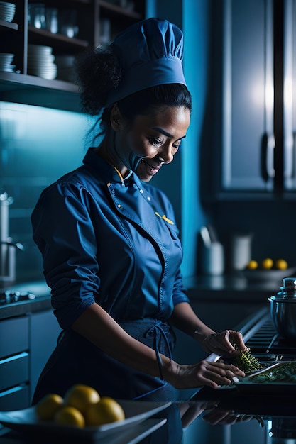 Foto el chef preparando comida en una cocina moderna ia generativa