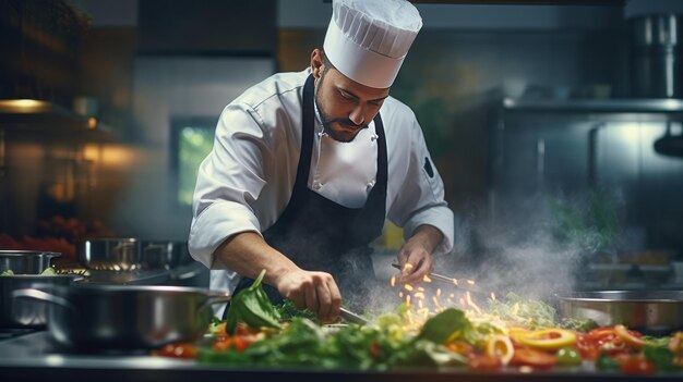 Chef preparando comida en la cocina de un restaurante