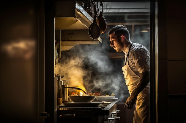 Chef preparando comida en la cocina de un restaurante.