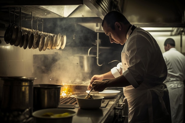 Chef preparando comida en la cocina de un restaurante.