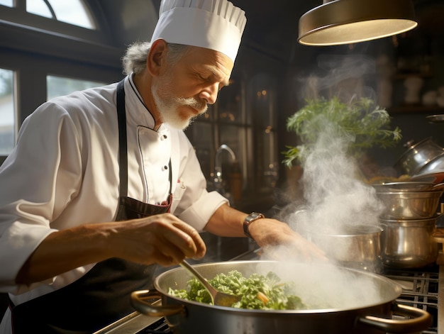 Chef preparando comida na cozinha de um restaurante ou hotel IA generativa