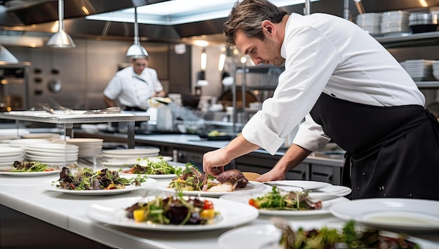 Chef preparando comida na cozinha de um restaurante ou hotel moderno