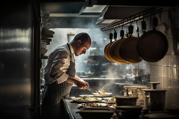 Foto chef preparando comida na cozinha de um restaurante.