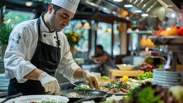 Un chef preparando comida en un restaurante con otras personas en el fondo