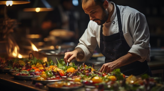 Chef preparando cuidadosamente uma comida deliciosa em uma cozinha comercial