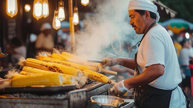 chef preparando Elote mexicano en un mercado de comida callejera