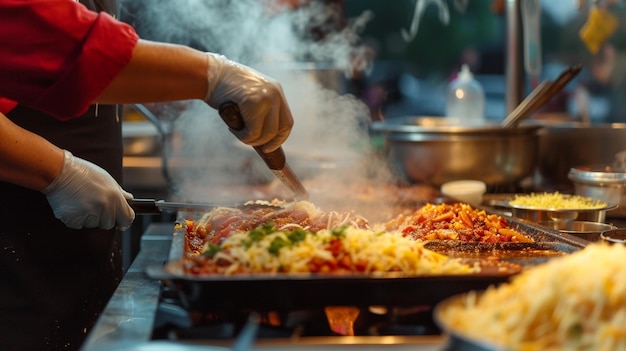 chef preparando enchiladas mexicanas en un mercado de comida callejera