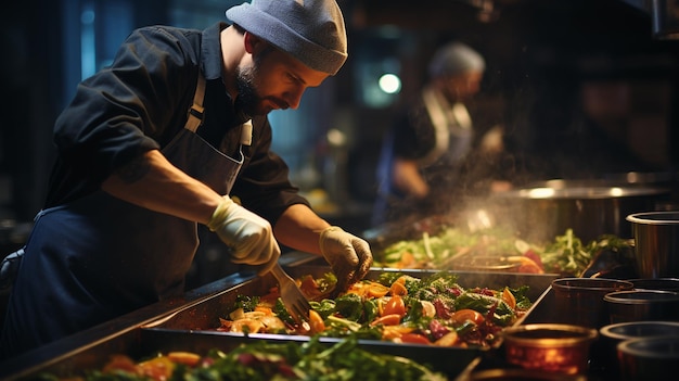 Chef preparando ensalada en la cocina de un restaurante u hotel generativo ai