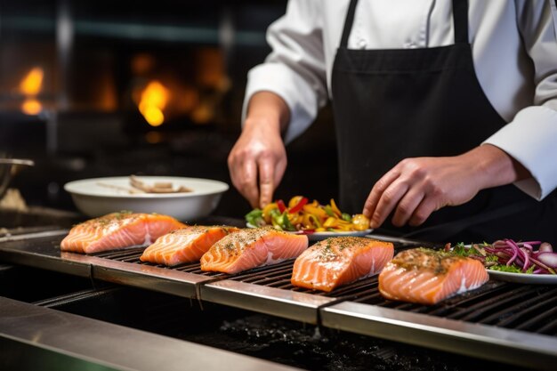 Chef preparando filetes de salmón a la parrilla en la cocina de un restaurante