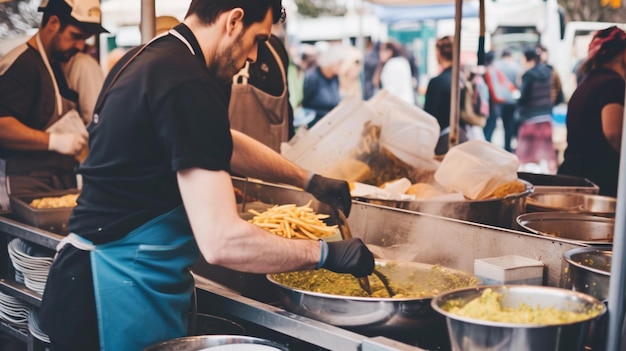 Chef preparando Guacamole mexicano em um mercado de comida de rua