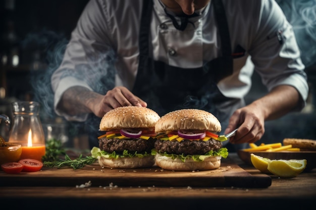 chef preparando hamburguesas en la cocina del restaurante delicioso menú de comida del restaurante