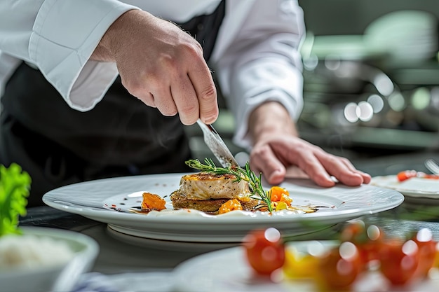 El chef preparando con maestría una comida gourmet de lujo