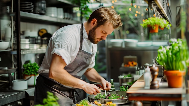 Chef preparando o jantar na cozinha de um restaurante