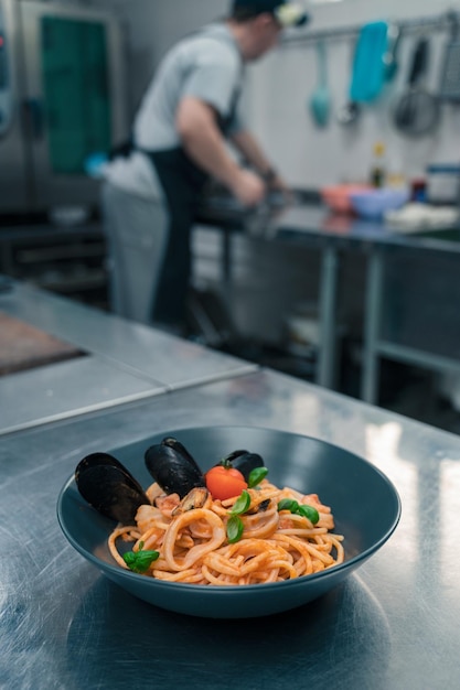 Chef preparando pasta de marisco con mejillones con albahaca y tomate en plato negro