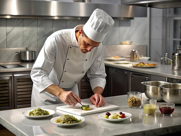 chef preparando un plato gourmet en una cocina profesional