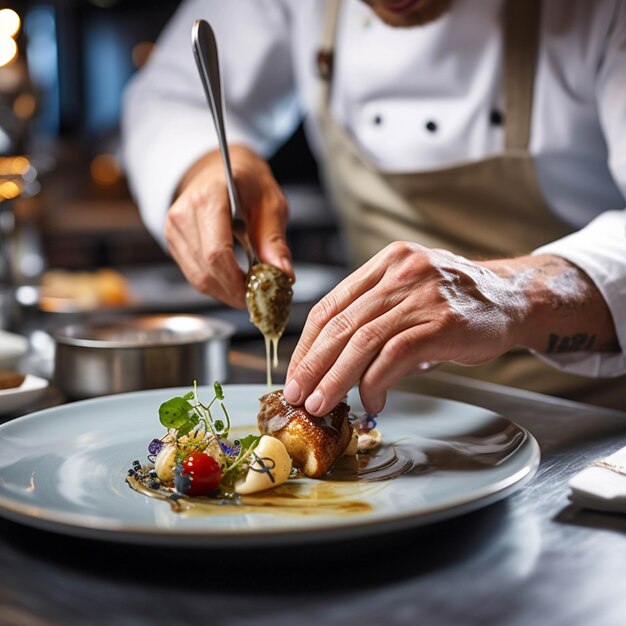 Foto chef preparando un plato gourmet en la cocina del restaurante cerca de las manos masculinas con un cuchillo y un tenedor