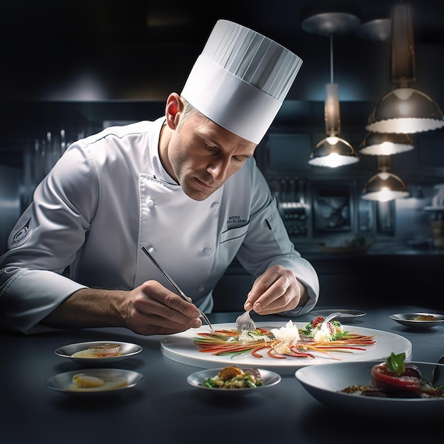 El chef preparando un plato gourmet