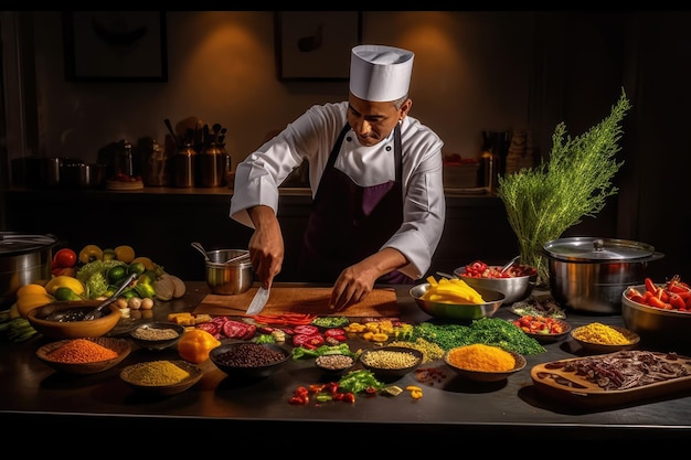 Un chef preparando un plato con ingredientes frescos en una cocina profesional