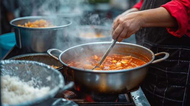 Chef preparando Pozole mexicano em um mercado de comida de rua