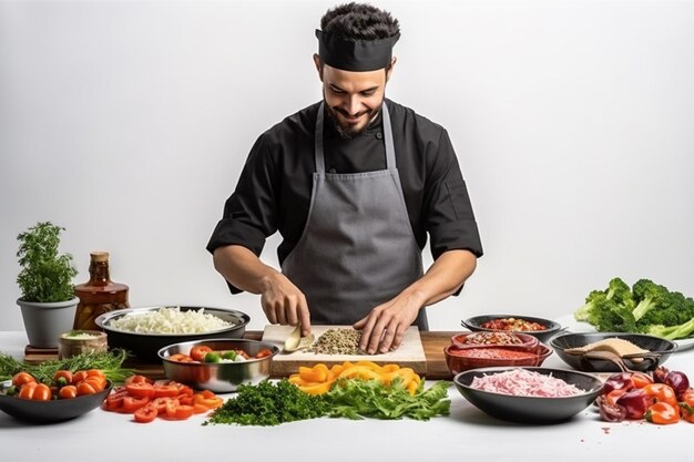 chef preparando pratos para seus clientes com fundo branco