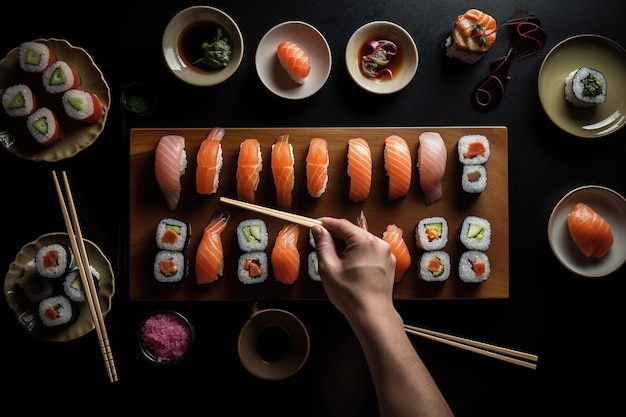 Chef preparando rollos de sushi frescos con un ai generativo de pescado de mar