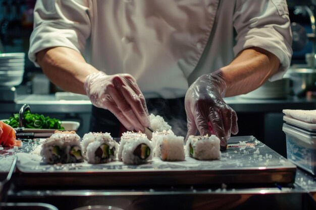 Chef preparando rolos de sushi em uma cozinha profissional