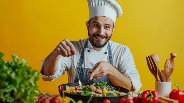 Foto chef preparando salada na cozinha