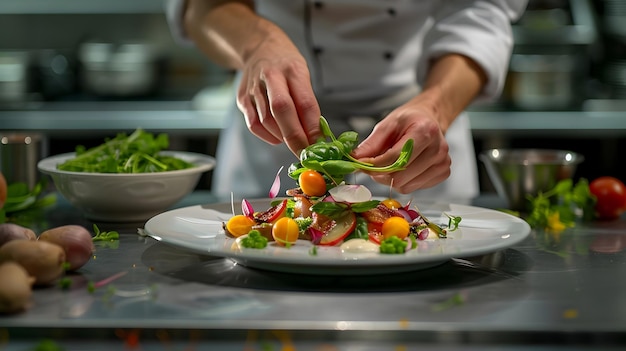 Chef preparando salada vibrante no prato na cozinha