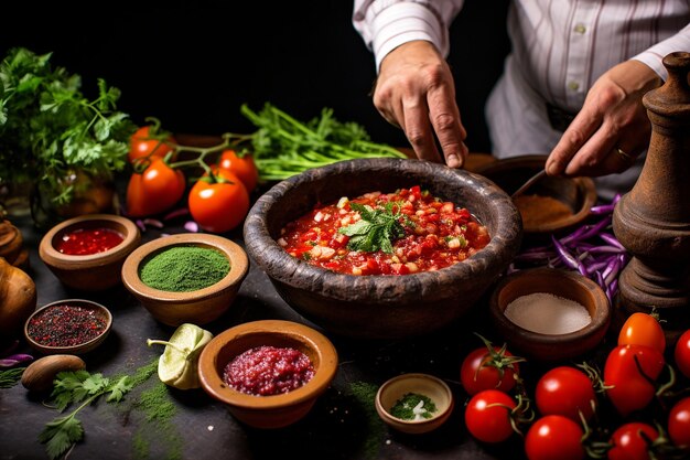 Foto un chef preparando salsa casera en un molcajete