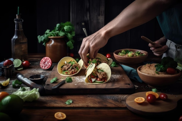 Chef preparando tacos autênticos com ingredientes frescos e salsa picante criada com IA generativa