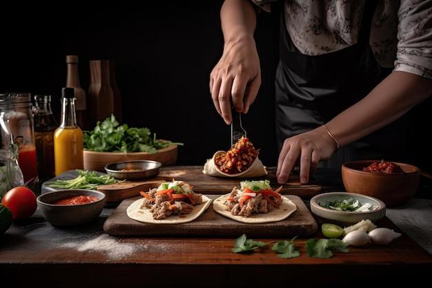 Chef preparando tacos autênticos com ingredientes frescos e salsa picante criada com IA generativa