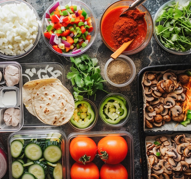 Chef preparando tacos de comida tradicional mexicana con contenedores de ingredientes frescos en la cocina del hogar