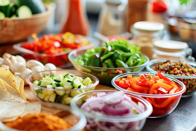 Chef preparando tacos de comida tradicional mexicana con contenedores de ingredientes frescos en la cocina del hogar