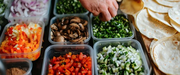 Chef preparando tacos de comida tradicional mexicana con contenedores de ingredientes frescos en la cocina del hogar