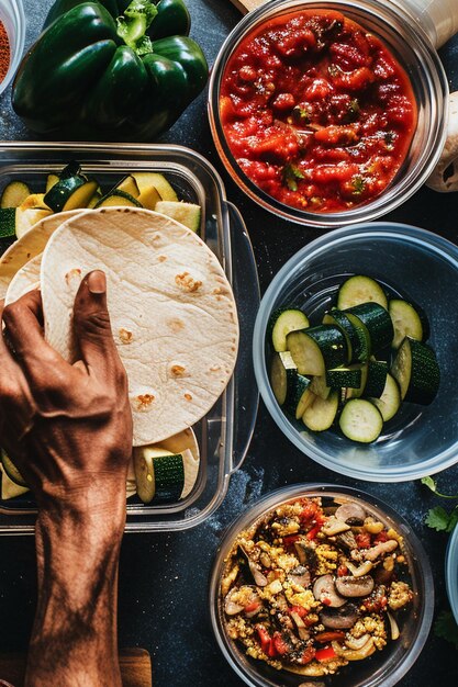 Chef preparando tacos de comida tradicional mexicana con contenedores de ingredientes frescos en la cocina del hogar