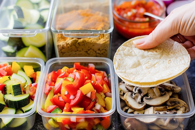 Chef preparando tacos tradicionais mexicanos com ingredientes frescos em recipientes na cozinha doméstica