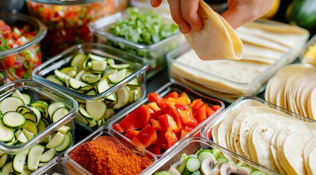 Chef preparando tacos tradicionais mexicanos com ingredientes frescos em recipientes na cozinha doméstica