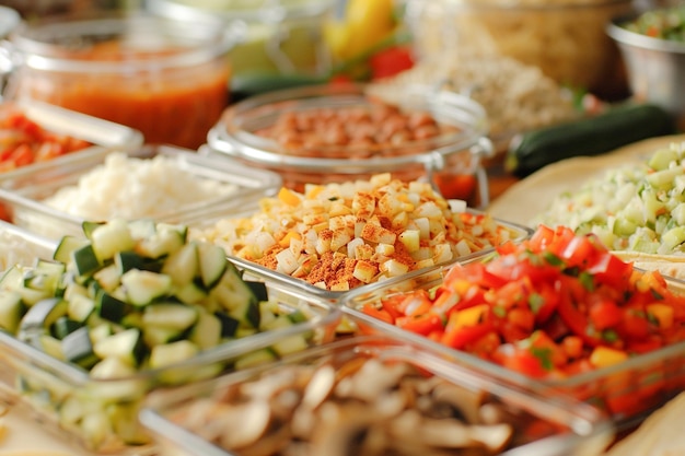 Chef preparando tacos tradicionais mexicanos com ingredientes frescos em recipientes na cozinha doméstica