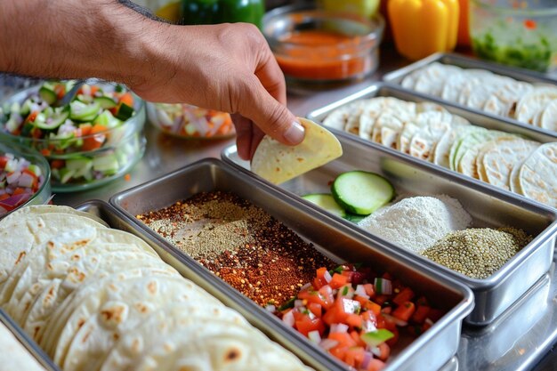 Chef preparando tacos tradicionais mexicanos com ingredientes frescos em recipientes na cozinha doméstica