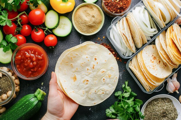 Chef preparando tacos tradicionais mexicanos com ingredientes frescos em recipientes na cozinha doméstica