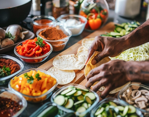 Chef preparando tacos tradicionais mexicanos com ingredientes frescos em recipientes na cozinha doméstica