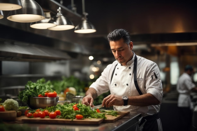 chef preparando um menu de salada de vegetais na cozinha do restaurante para os clientes comida deliciosa do restaurante