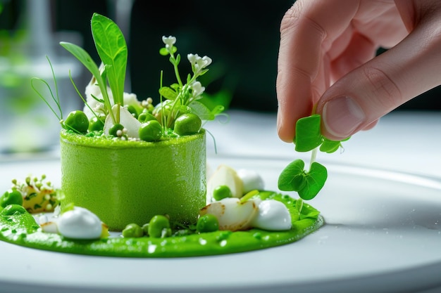 Chef preparando um prato de alta cozinha vegana com ingredientes frescos