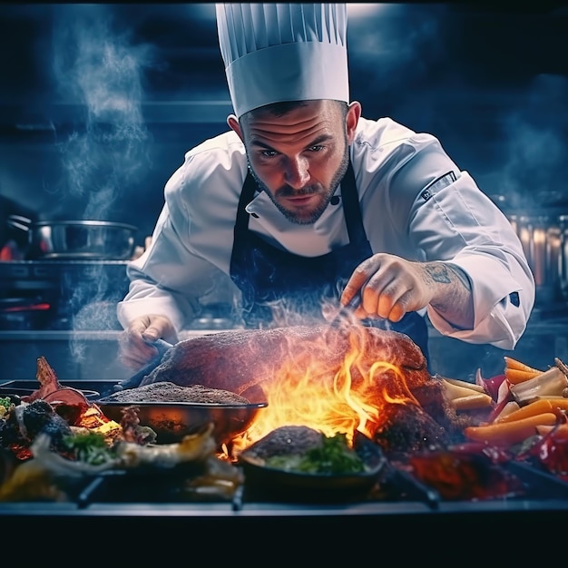 Chef preparando um prato gourmet