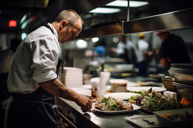 Foto chef preparando uma refeição em um restaurante ou hotel de cozinha comercial