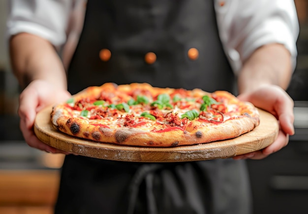 Foto el chef presenta la pizza fresca de margherita