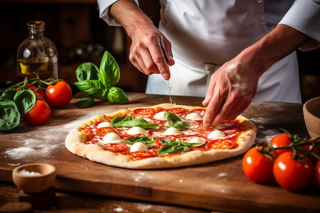 El chef presenta la pizza margherita en una tabla de madera