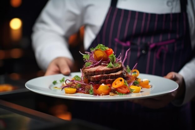 El chef presenta un plato de filete gourmet con guarnición en el plato